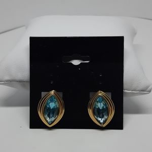 Signed Monet "Topaz" Blue Glass Pierced Earring Studs